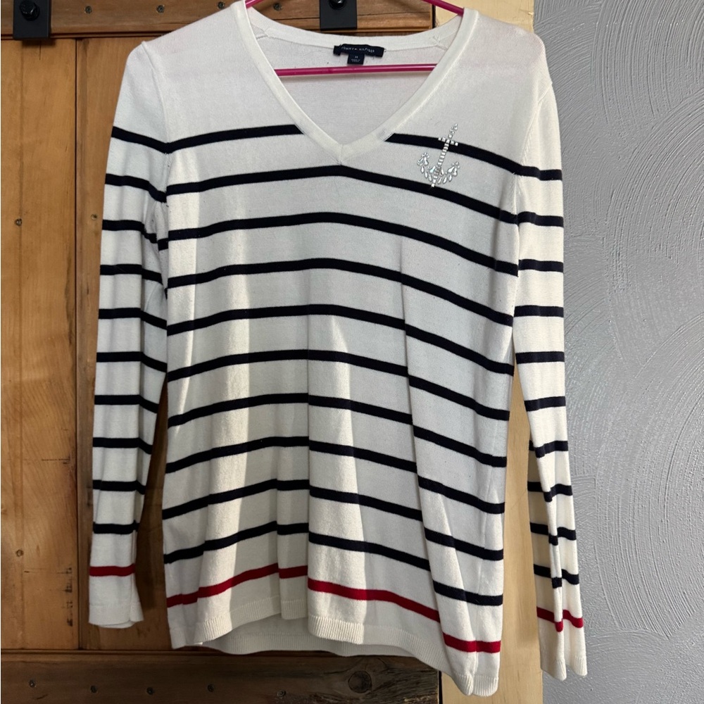 Tommy Hilfiger Nautical V-Neck Sweater | Striped | Size M